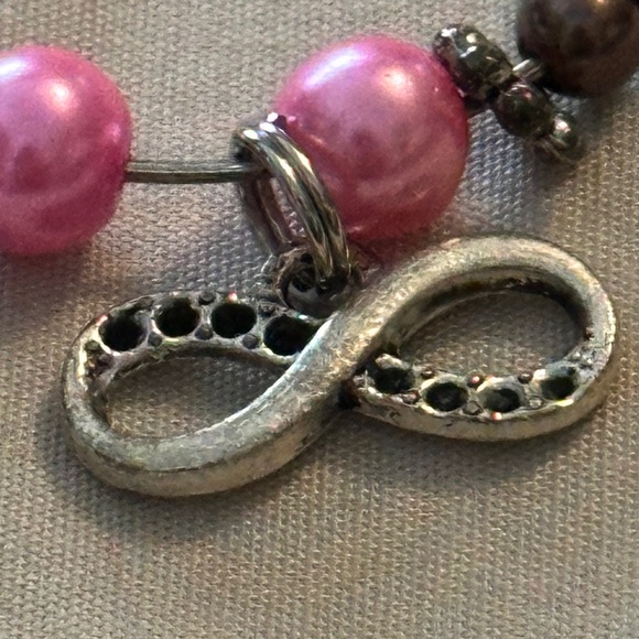 3/$15 Wine glass tag stainless steel hoop, pink & mocha beads infinity charm - Picture 8 of 12